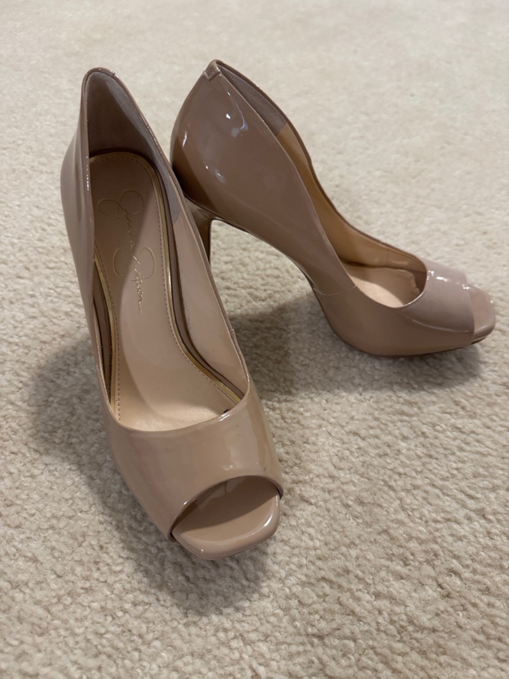 Jessica Simpson Nude Patent Peep-Toe Platform Pumps